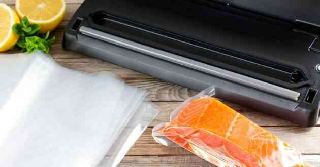 A slice of salmon packed using a vacuum food sealer machine.
